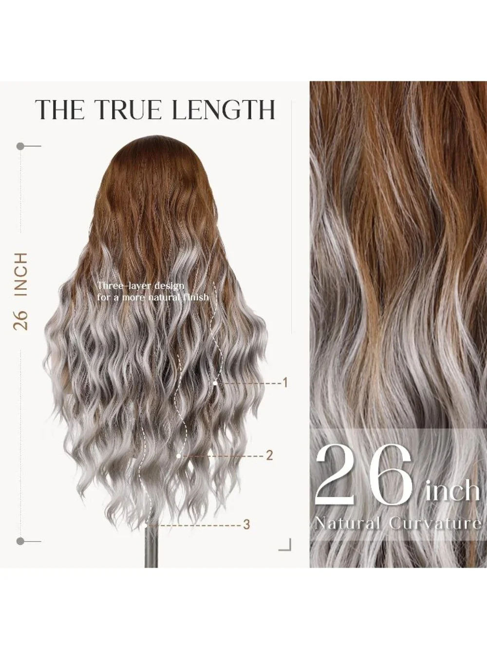 Women's Brown Omber Grey 26 Inch Long Synthetic Middle Part Lace Front Wavy Wig